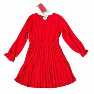 Prettygarden L Red Pleated Tie Waist V Neck Long Sleeved Dress Valentine’s Day